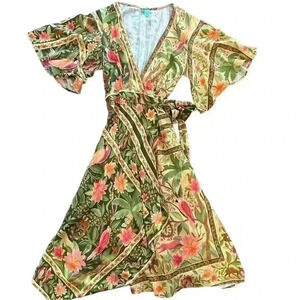 Farm Rio Tropical Wrap V-Neck MIDI Dress Size Medium